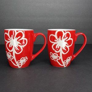 Red Floral Etch Design Mug Set of 2